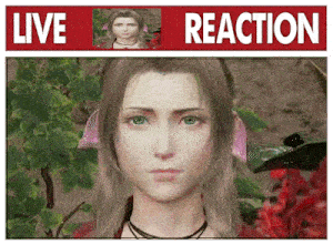 a picture of a video game character with the words live reaction on the top