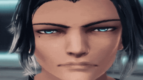 a close up of a person 's face with blue eyes and black hair