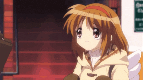 a girl with brown hair and a red headband is sitting in front of stairs