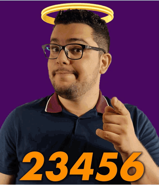 a man wearing glasses has a halo on his head and the number 23456 is above him