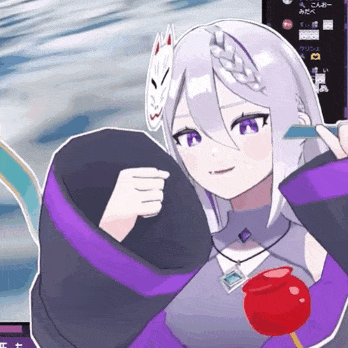a girl with white hair and purple eyes is holding a red apple in her hand