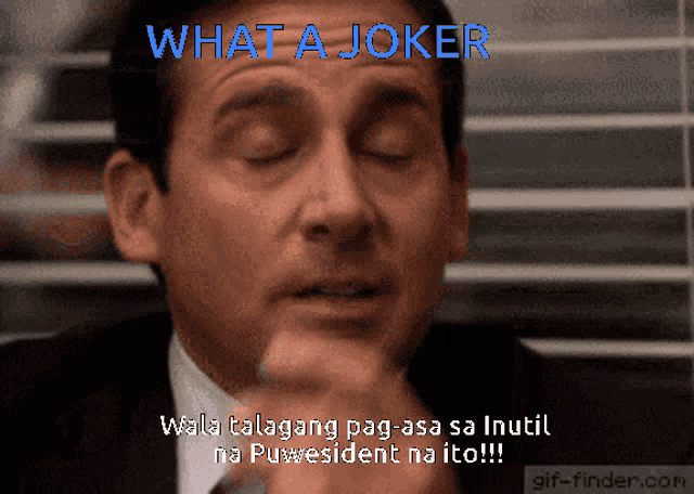 a man with his eyes closed and the words what a joker above his head