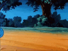 a cartoon character is standing on a dirt field in front of a tree .