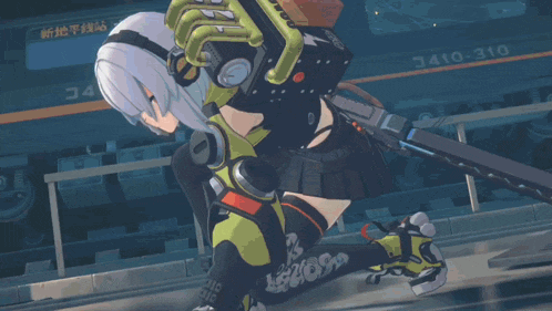 a cartoon character with white hair and headphones on her head