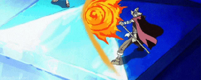 a cartoon character is standing on a blue surface holding a stick with a fireball coming out of it .
