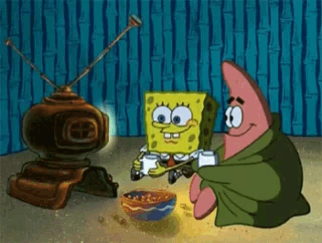 a cartoon of spongebob and patrick playing a video game with a bowl of cereal .