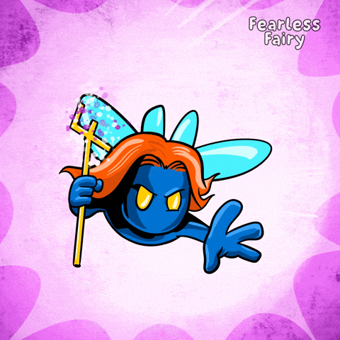 a cartoon of a fairy holding a trident with fearless fairy written below it
