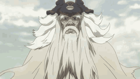 an old man with a beard and a hat on his head is standing in front of a cloudy sky .