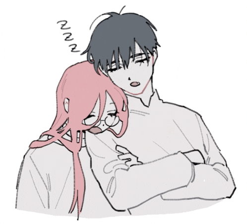 a drawing of a boy and a girl with a girl sleeping on the boy 's head