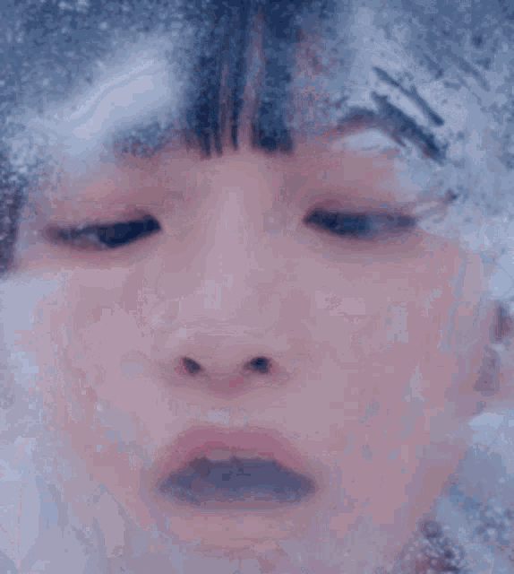 a close up of a woman 's face behind a frozen glass window .