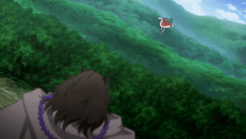 a person with purple beads on their neck looks at a fox flying over a forest