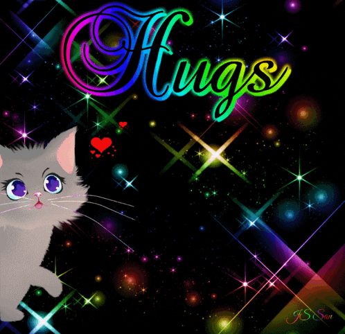 a cat with hearts on its face is standing in front of a sign that says " hugs "