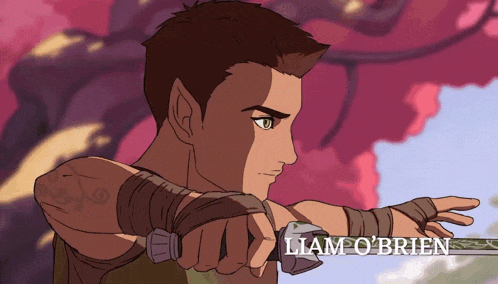 a cartoon of a man holding a sword and the name liam o'brien