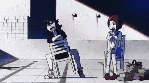 a cartoon of a girl sitting in a chair next to another girl