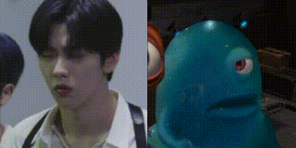 a close up of a man 's face next to a close up of a blue frog with red eyes .