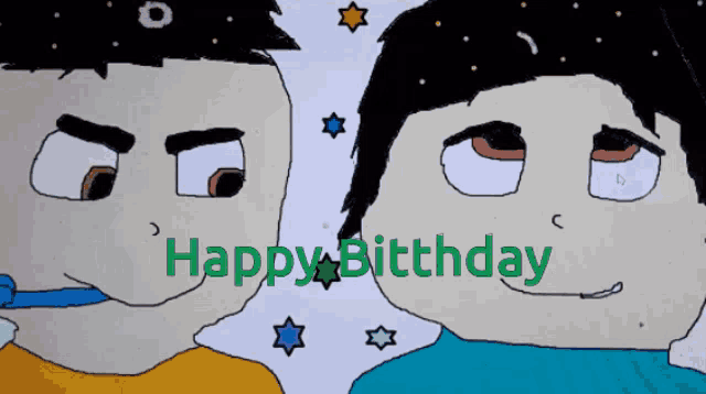 a drawing of two faces with the words happy birthday written in green