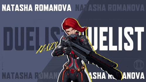 a poster for natasha romanova holding a rifle