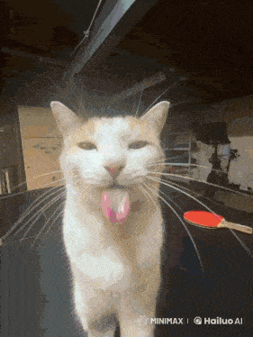 a cat sticking its tongue out in front of a ping pong paddle with the hashtag minimax on the bottom right
