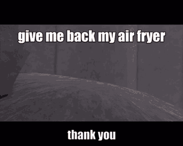 a video game character says give me back my air fryer and thank you .