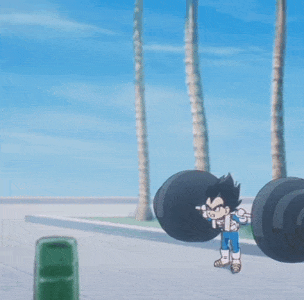 a cartoon character is lifting a large barbell on a sidewalk