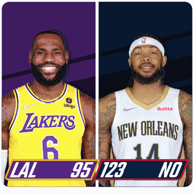 a lakers player and a new orleans player are standing next to each other