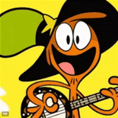 a cartoon character is playing a guitar and wearing a hat