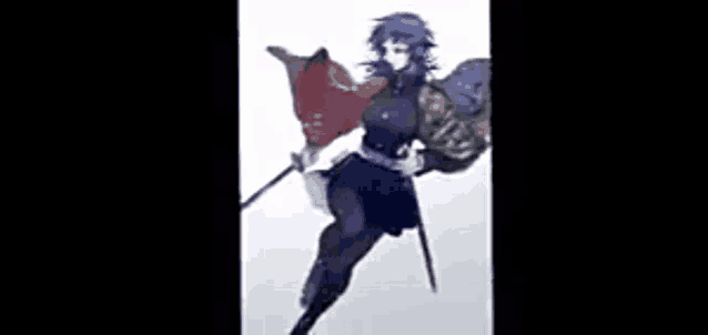 a drawing of a person holding a sword and a red cape .