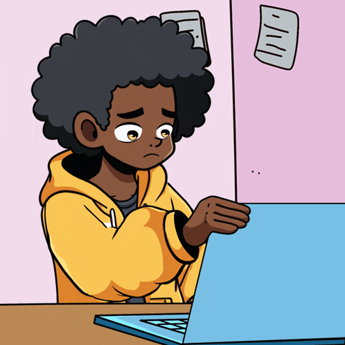 a cartoon drawing of a person using a laptop computer