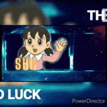 a cartoon girl is waving her hand in front of a blue background and the words `` good luck '' .