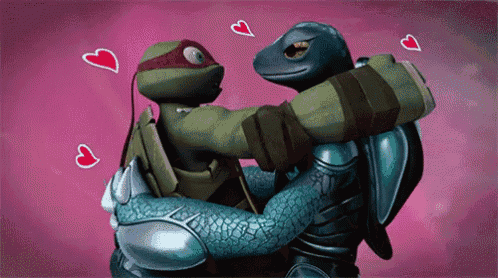 two teenage mutant ninja turtles hugging each other with hearts surrounding them