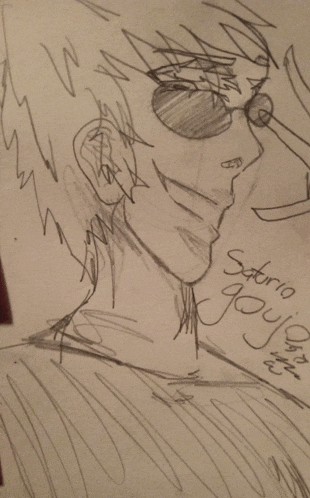 a pencil drawing of a man with the name satria written on the bottom