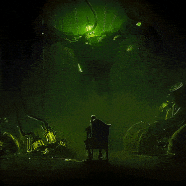 a man sits in a chair in front of a monster in a green room