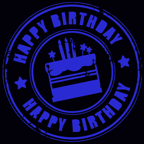 a blue happy birthday stamp with a cake in the middle