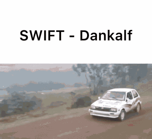 a white car is driving down a dirt road in the woods .