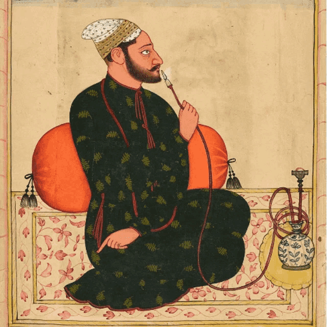 a painting of a man smoking a hookah on a floral carpet