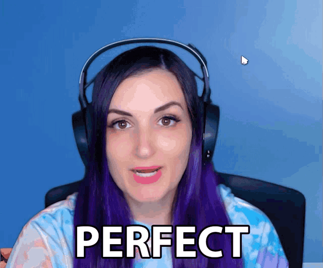 a woman with purple hair is wearing headphones and the word perfect is on her face