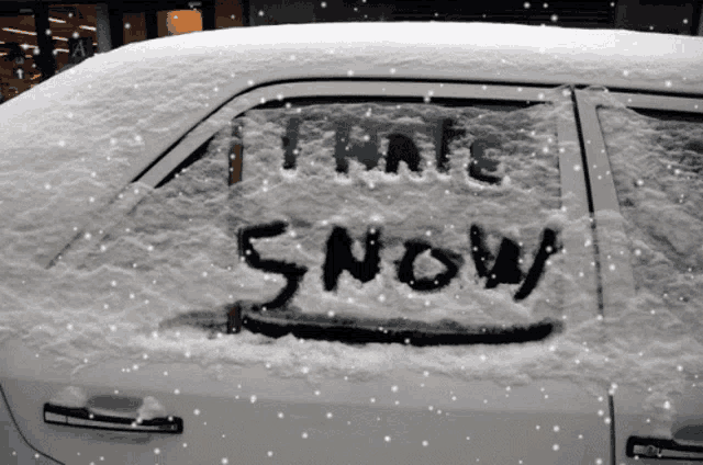 the word snow is written in the snow on the back window of a car