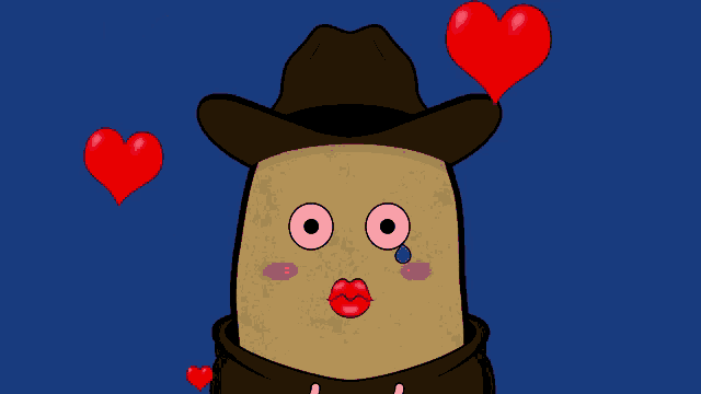 a cartoon of a potato wearing a cowboy hat and a black hoodie