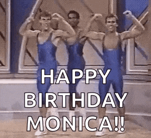 a group of men are flexing their muscles and saying `` happy birthday monica ! ''