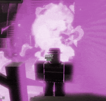 a roblox character is standing in front of a purple smoke coming out of a building ..