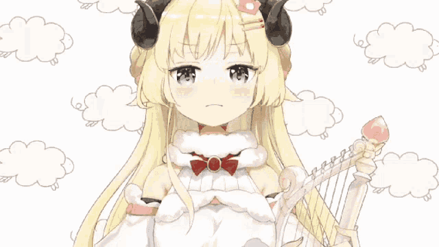 a girl with horns is holding a harp and looking at the camera