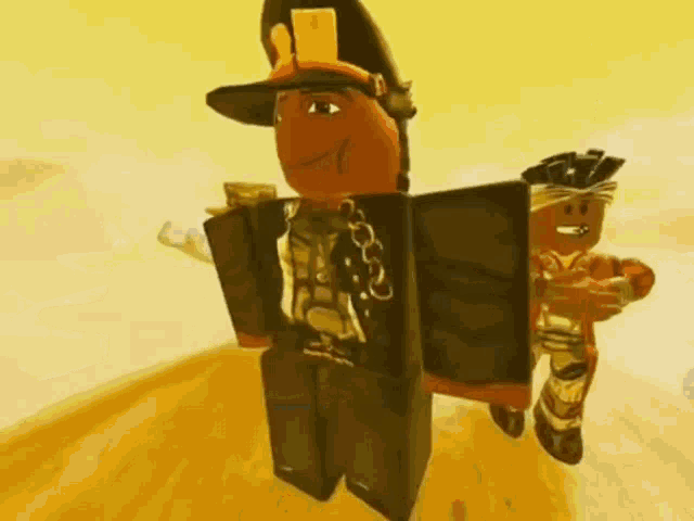 two roblox characters are standing next to each other on a wooden surface .