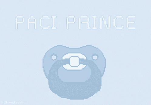 a pacifier with the name paci prince written in white letters on a light blue background