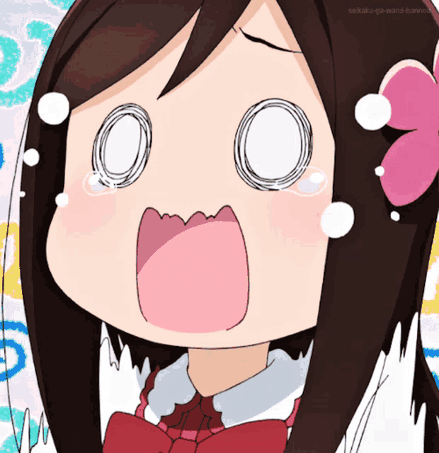 a close up of a girl 's face with her mouth open and a flower in her hair