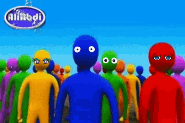 a group of colorful cartoon characters are standing in front of a sign that says ali rodi .