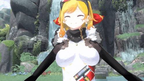 a cartoon character with a waterfall in the background is smiling