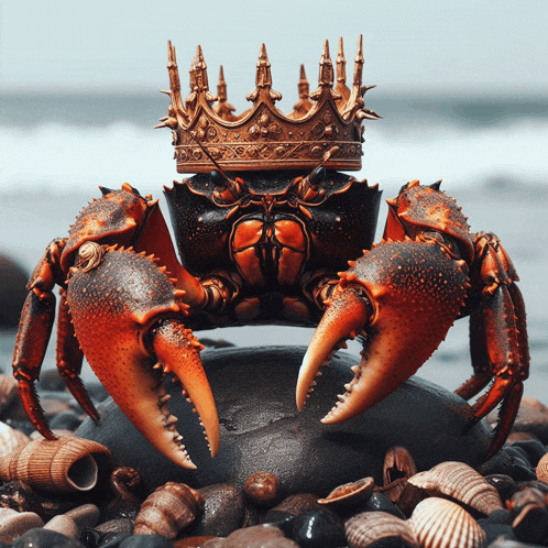 a crab wearing a crown sits on a rock near the ocean
