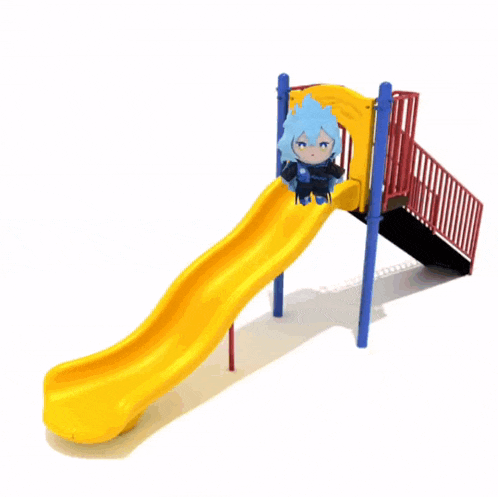 a cartoon character is sitting on a yellow slide