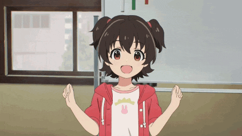 a little girl in a red jacket and white shirt with a rabbit on it