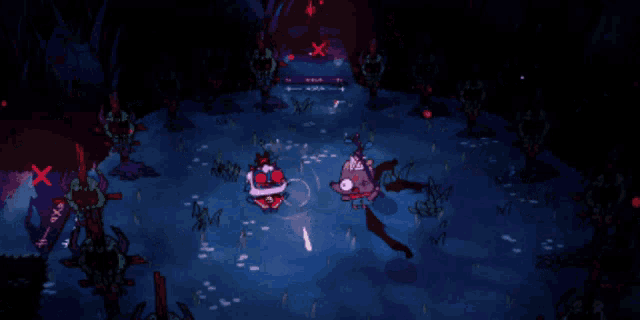 two cartoon characters are fighting in a dark room with a red cross in the background